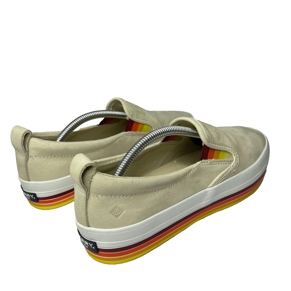Sperry Top Sider Boat Shoes Womens 7.5 Tan Rainbow Pride Slip On Leather Sneaker